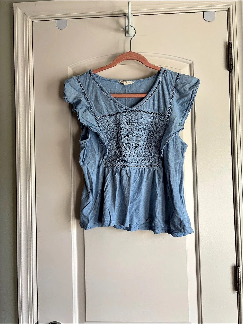 Lucky Brand Embroidered Ruffle Sleeve Blouse in Blue Size Large